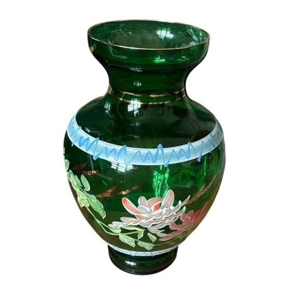 Vintage Bohemia Green Glass Vase‎ w/ Hand Painted Flowers & Gold Accents 11"